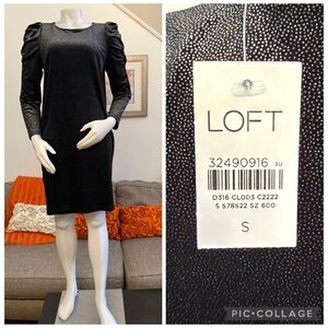 ❣️🆕LOFT Ruched Puff Bracelet Length Sleeves Black Shimmer Party Dress❣️